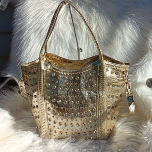 GOLD STUDDED RHINESTONE ALLIGATOR EMBOSSED TOTE HANDBAG